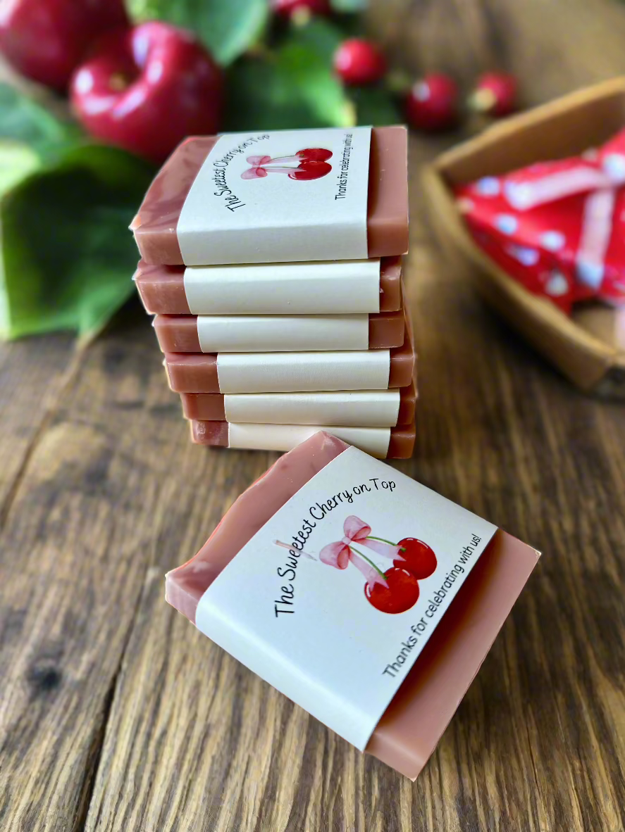 Artisan cherry-scented soap favors featuring a personalized label that reads 'The Sweetest Cherry on Top.' Ideal for weddings, baby showers, and special events. Handmade, vegan, and crafted with natural ingredients