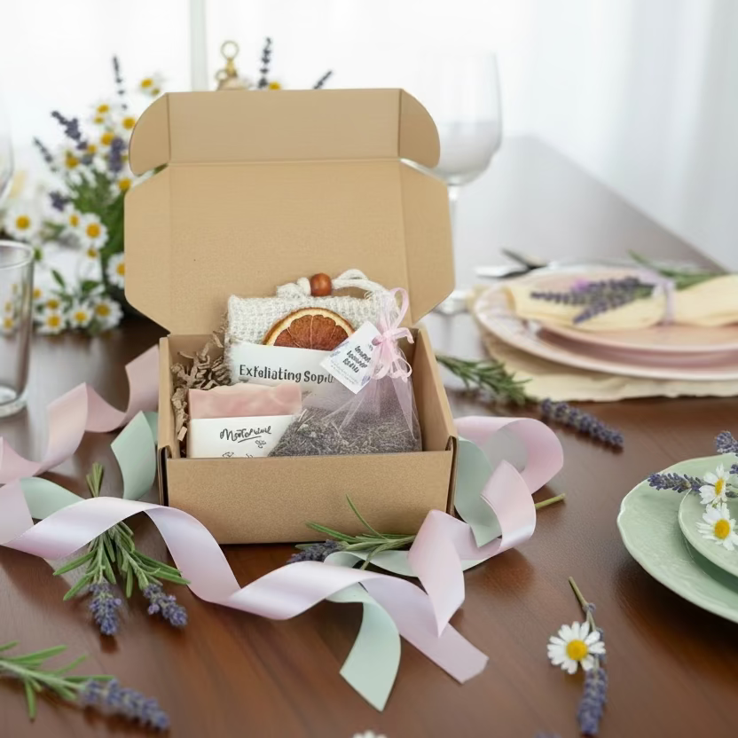 Box of natural soap set with lavender and flowers on a table setting