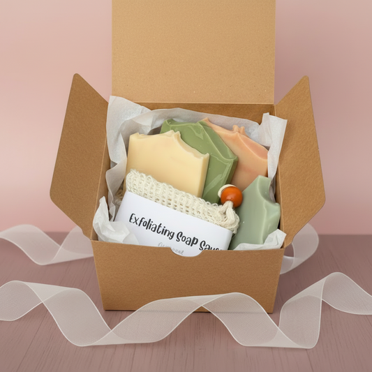 Box of exfoliating soap bars with a white background