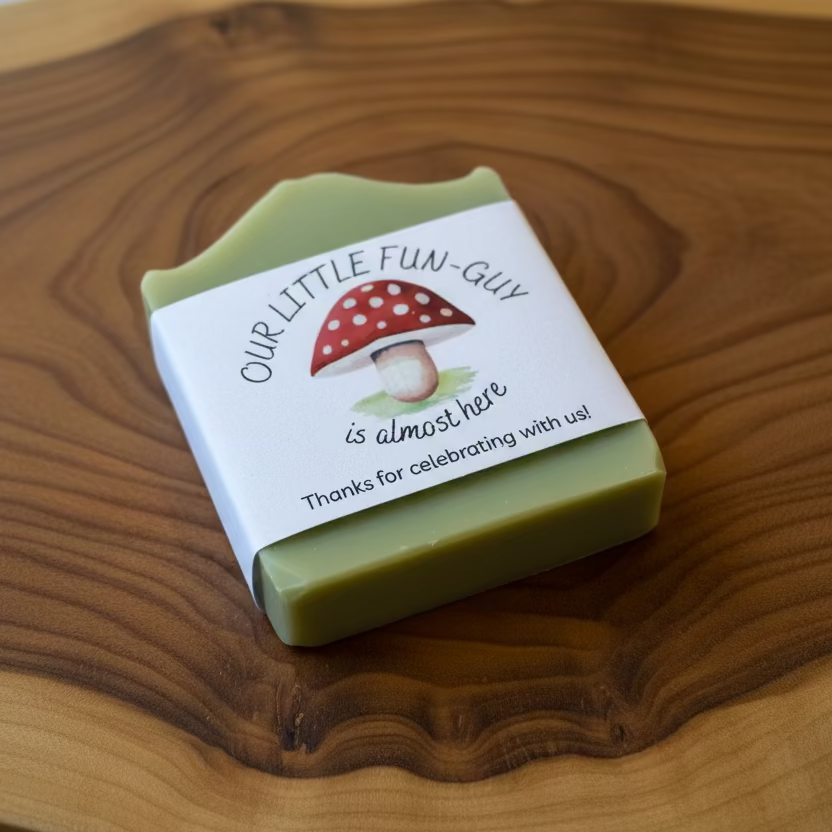 Bar of soap with a mushroom design label on a wooden surface