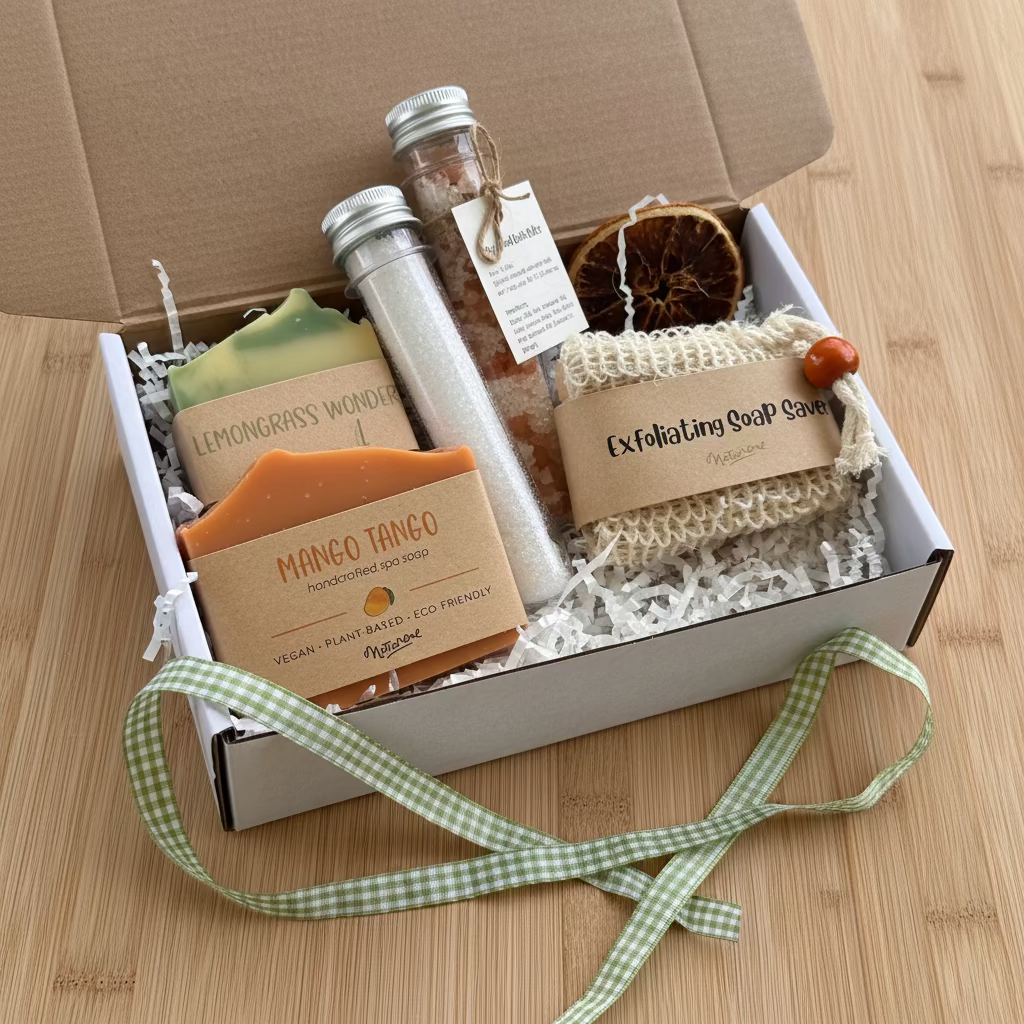 A gift box of handmade bath and body products on a wooden surface, including a mango tango soap bar, a lemon grass wonder soap bar, two plastic tubes with silver caps, and an exfoliating soap cloth, arranged in white paper shred inside a cardboard box with a green and white gingham ribbon.