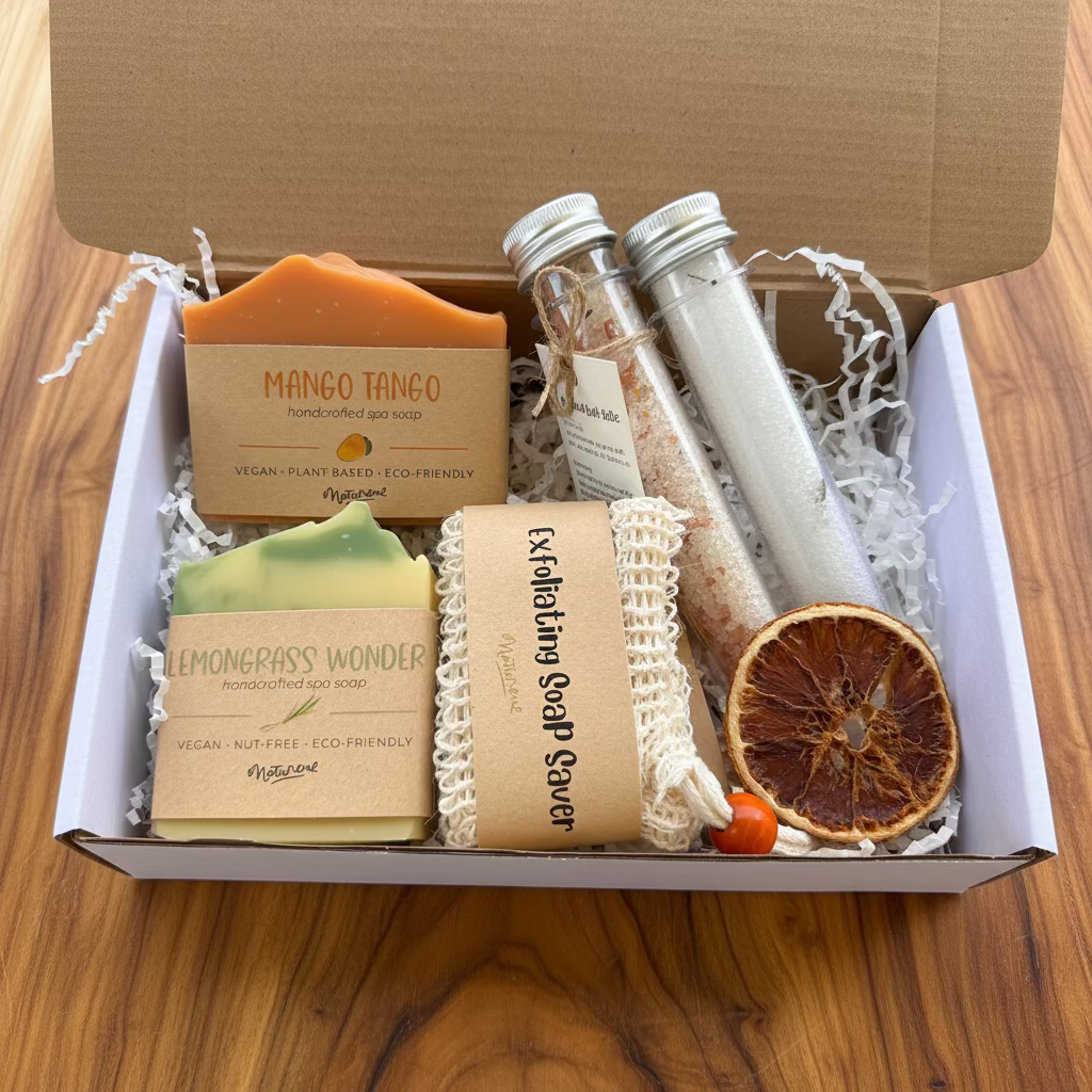 A curated gift box set containing handmade soaps, bath salts, and a soap saver. The set includes a Mango Tango soap bar, a Lemongrass Wonder soap bar, a Exfoliating Soap Saver wrapped in kraft paper, two plastic tubes of bath salts, and a dried orange slice, all nestled in white paper shred inside a cardboard box.