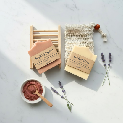 Shea Butter Sop Gift Set | 2 Handmade Vegan Soap Bars + Exfoliating Sisal Bag + Soap Holder