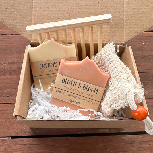Shea Butter Sop Gift Set | 2 Handmade Vegan Soap Bars + Exfoliating Sisal Bag + Soap Holder