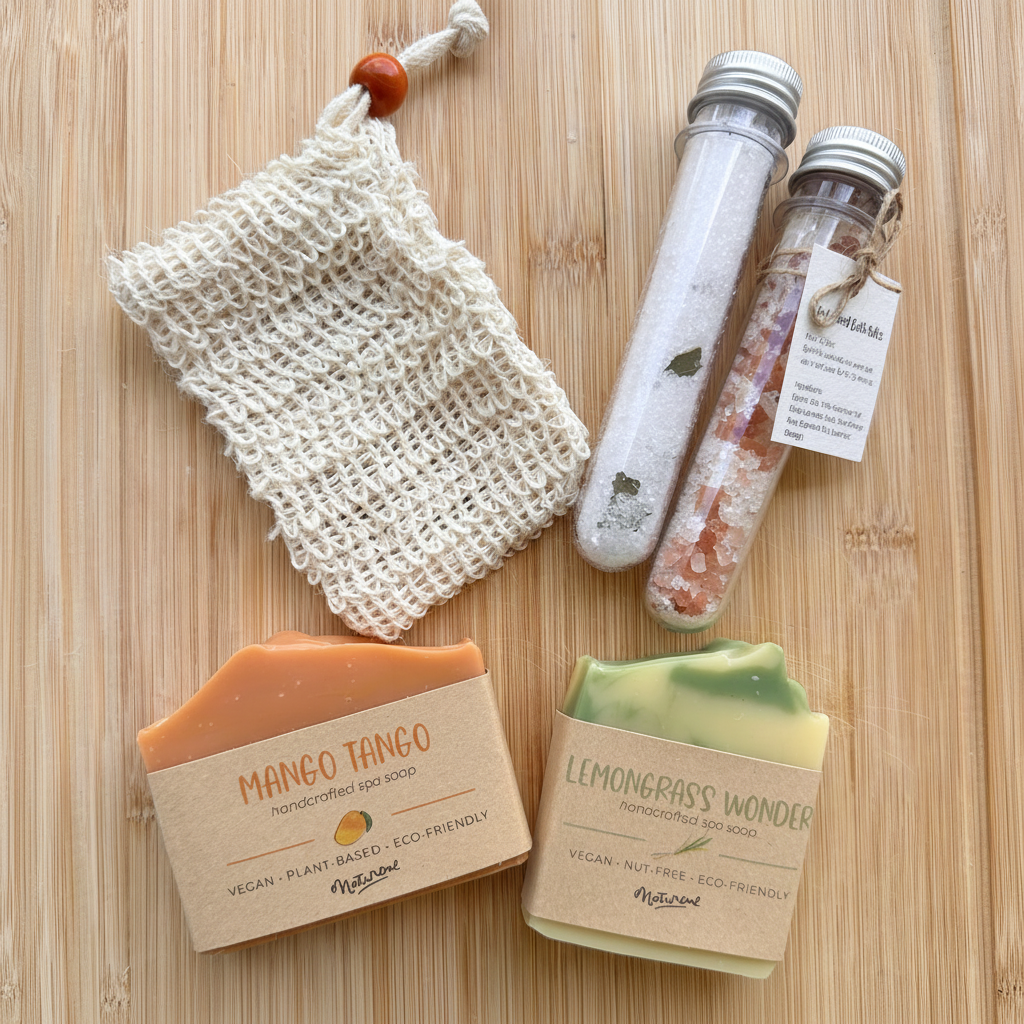 A flat-lay of a soap and bath salt gift set on a light wood background, featuring two handcrafted soap bars (Mango Tango and Lemongrass Wonder), a beige sisal mesh soap bag, and two plastic vials containing bath salts.
